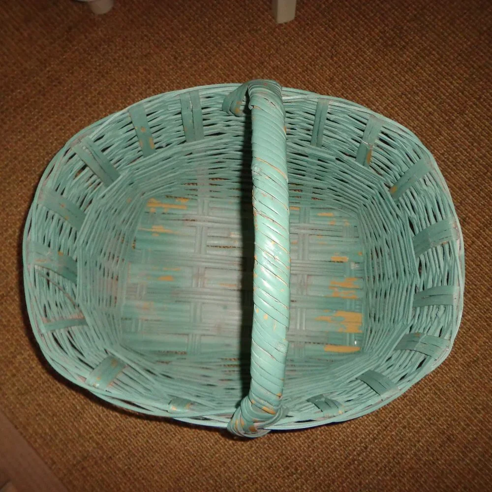 Painted Handled Wicker Basket Distressed Aqua Sturdy